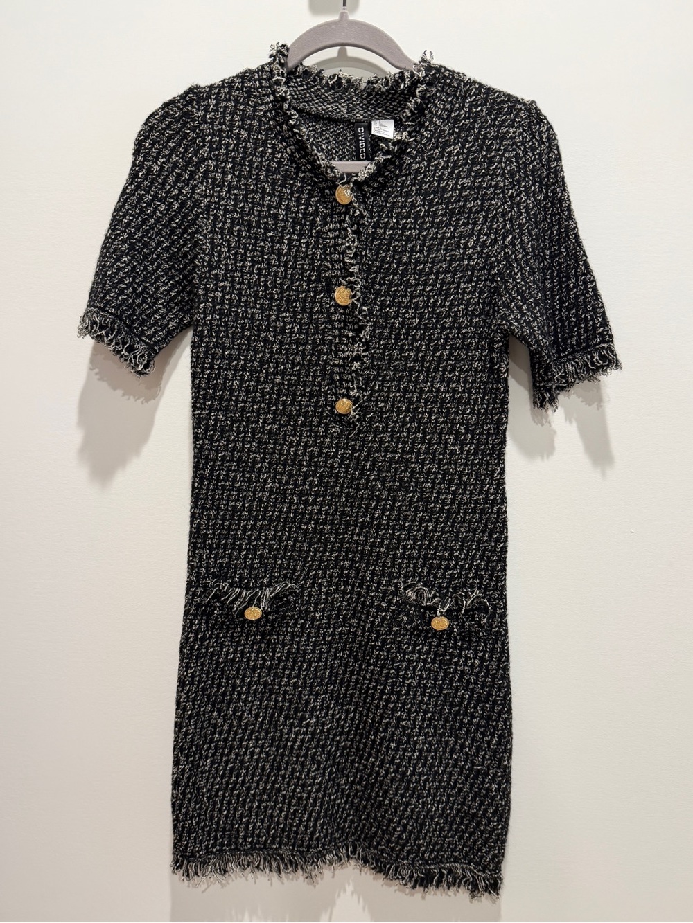 H&M Black Tweed Mini Dress with Gold Buttons